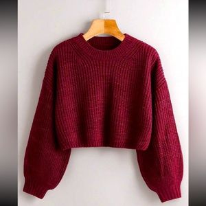 Cropped Burgundy Bell-Sleeve Mock Sweater